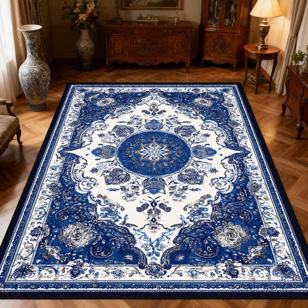 New Classical Carpet Decoration Bedroom Bedside Washable Short Velvet Rug Outdoor Balcony Foldable Soft Floor Mat Blue White