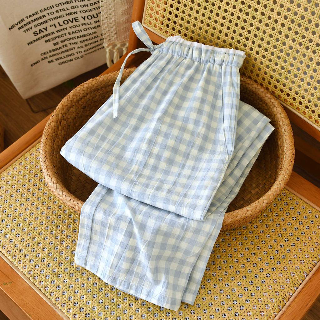 2026 New Women's Sleepwear 100% Cotton Gauze Lace Checkered Pants Japanese Minimalist Home Pants Bottoms Womens Sleepwear