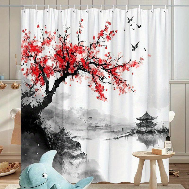1 Piece Of East Asian Cherry Blossom Shower Curtain, Polyester Fabric, Machine Washable, Suitable For Bathroom Decoration