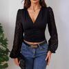 Chiffon Lantern Sleeve Splicing Pleated Waisted V-Neck Long Sleeve T-Shirt Slim Top Women Versatile Closet Essential Fashion Items Shirt