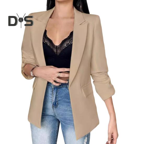 

Женский пиджак с лацканами, длинными рукавами, карманами-клапанами, однотонный пиджак с открытым передом для офиса и деловой одежды M хаки