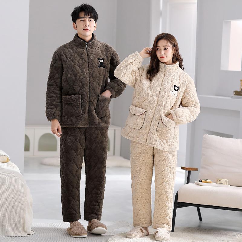 Paar Schlafanzüge Winter Damen Korallenfleece Herren Winterfleece Verdickt Dreilagig Gepolsterte Jacke Rollkragen Loungewear Set