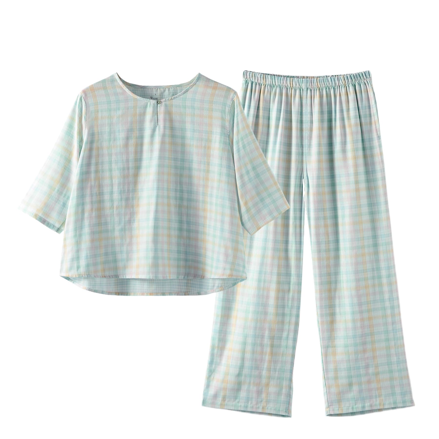 

summer double room top and bottom loose gentle on the checkered soft [YUSHOW] Women s pajamas, layered, gauze, 100% cotton, wear, set, cute, 3/4 зелений