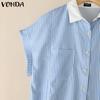 VONDA Women Stitching Lapel Short Sleeve Striped Buttons Up Casual Blouse