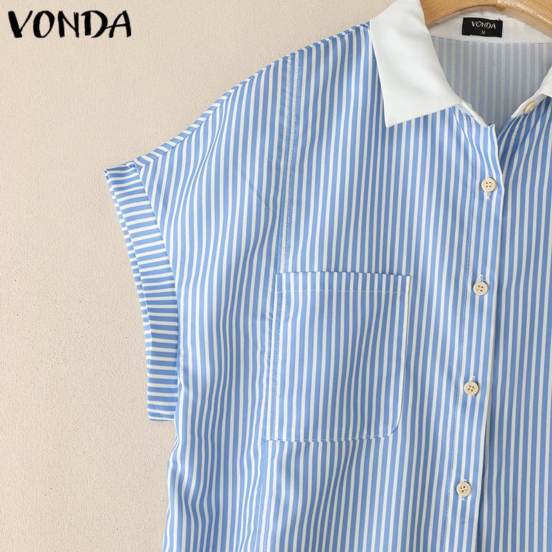 VONDA Women Stitching Lapel Short Sleeve Striped Buttons Up Casual Blouse