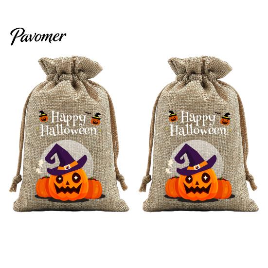 Trick or Treat Party Souvenirs 2Pcs Halloween Pumpkin Drawstring Bags for Candy Treats, Retro Burlap Rustic Linen Goodie Bags, Portable Kids