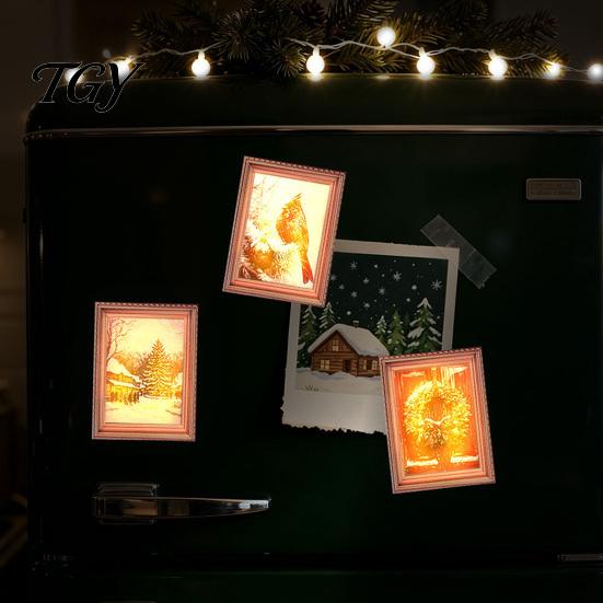 Christmas Refrigerator Magnets 3Pcs Light-up Frame Magnet, Vintage Wooden Picture Frames with Lights Fridge Glowing Magnetic Holder for Cabinet Locker