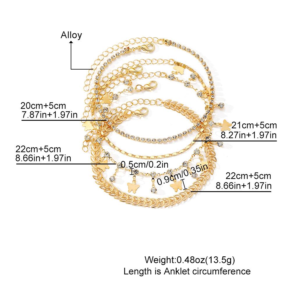 5 in 1 Bohemian beach rhinestone tassel butterfly anklet for ladies