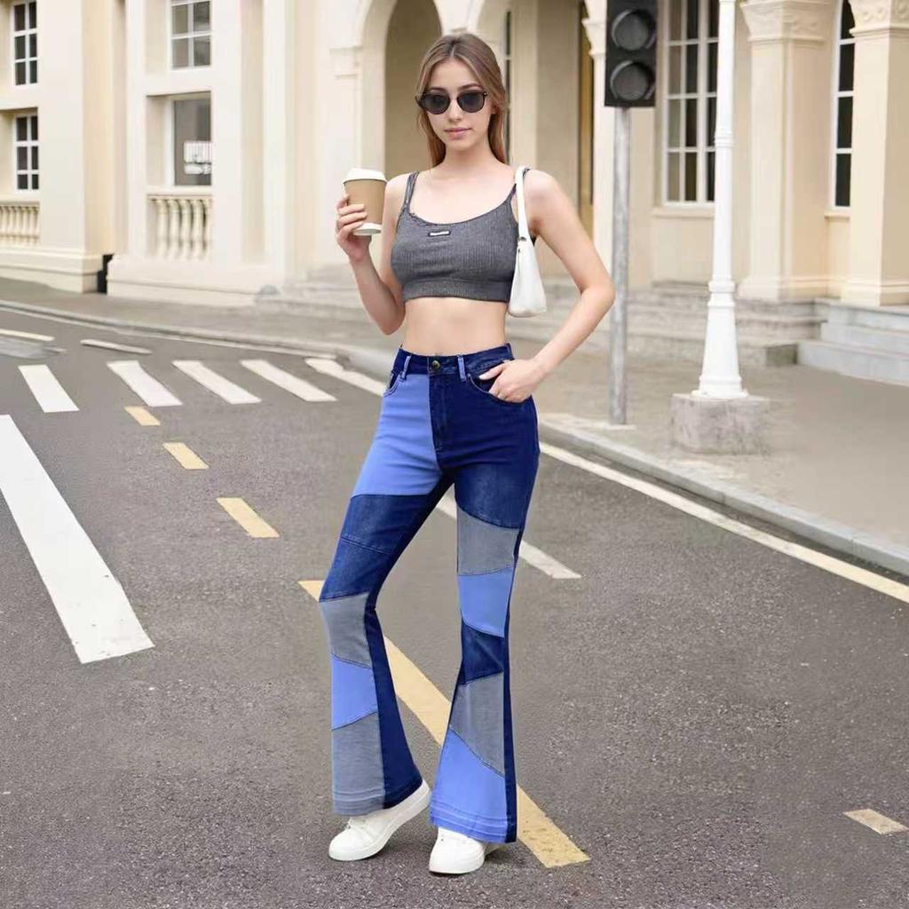 Women's High Waist Patchwork Flare Jeans Color Block Contrast High Stretch Retro Bootcut Denim Pants Elegant Office Commuter Long Trousers
