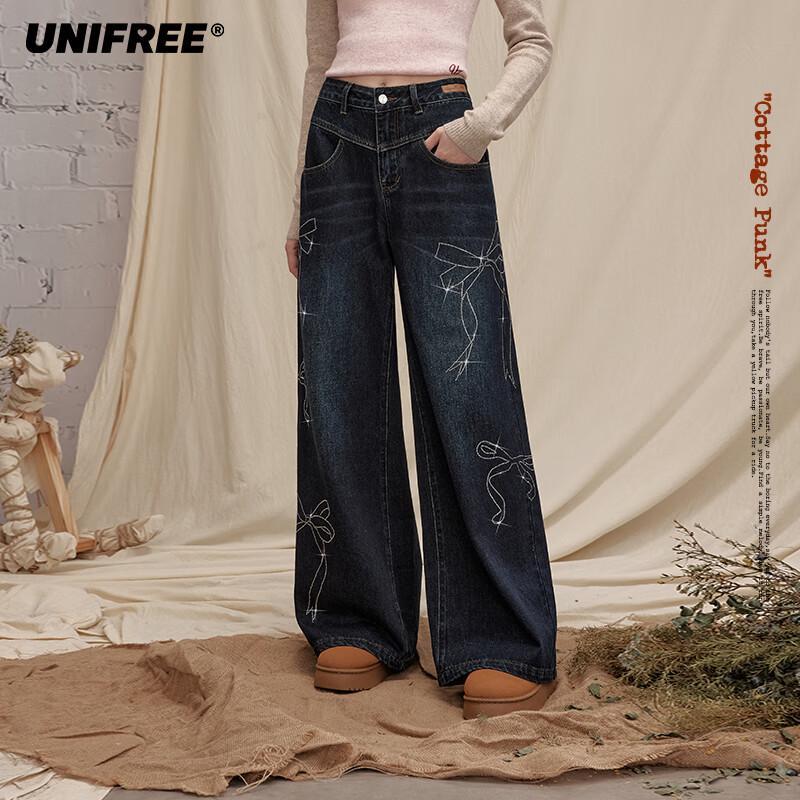 

UNIFREE Loose Distressed Rhinestone Patchwork Wide-Leg Jeans L