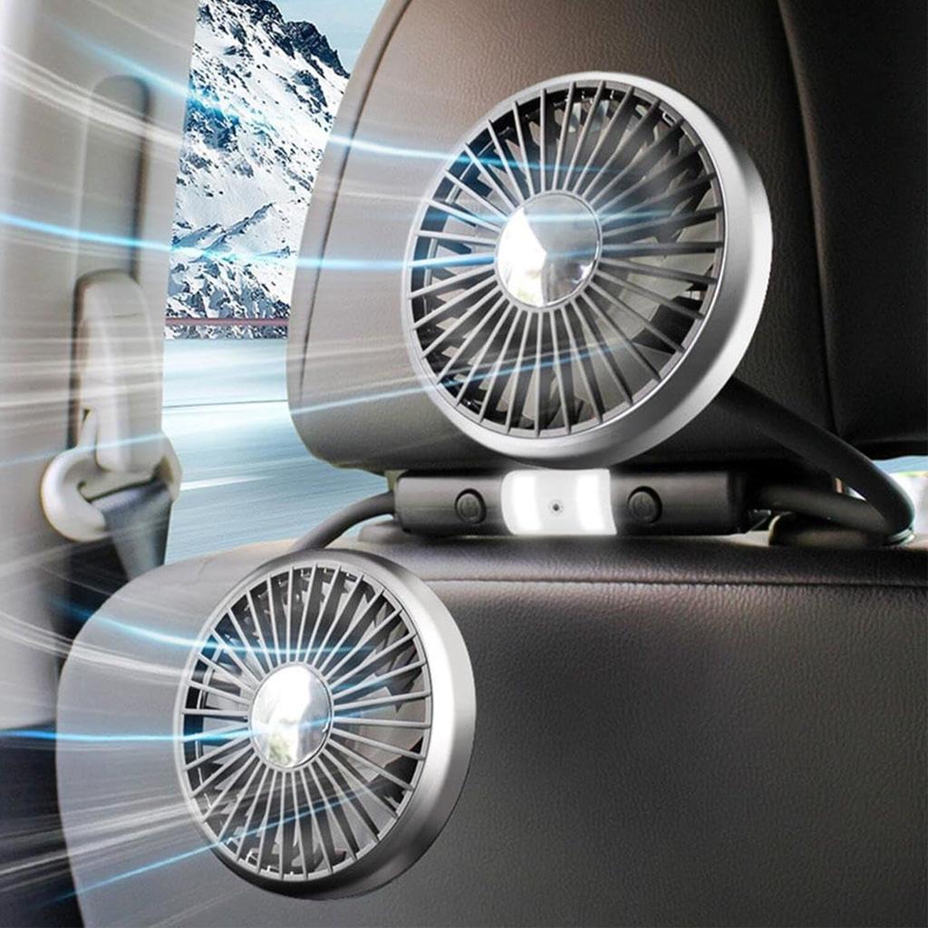 Headrest Fan with LED Car Airflow Low Adjustable Air Easy Air Front and Rear Electric Car Fan Lights, Dual-Head Fan, Type-C Powered, 3-Level
