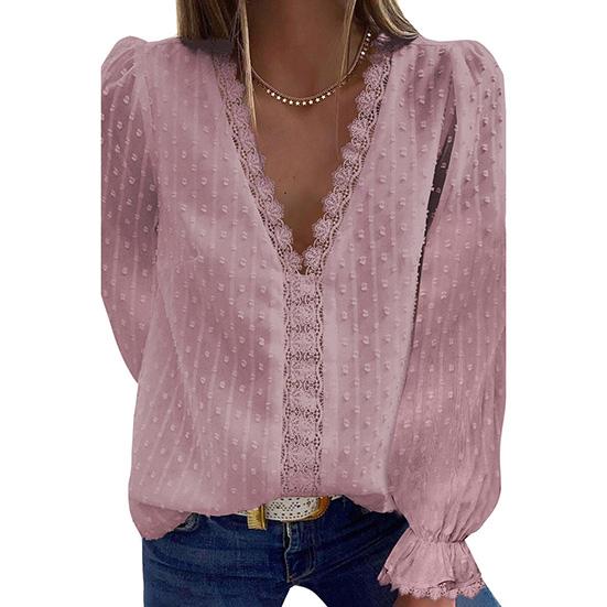 Damen-Pullover-Oberteil mit V-Ausschnitt und langen Ärmeln aus Chiffon mit bestickter Spitze