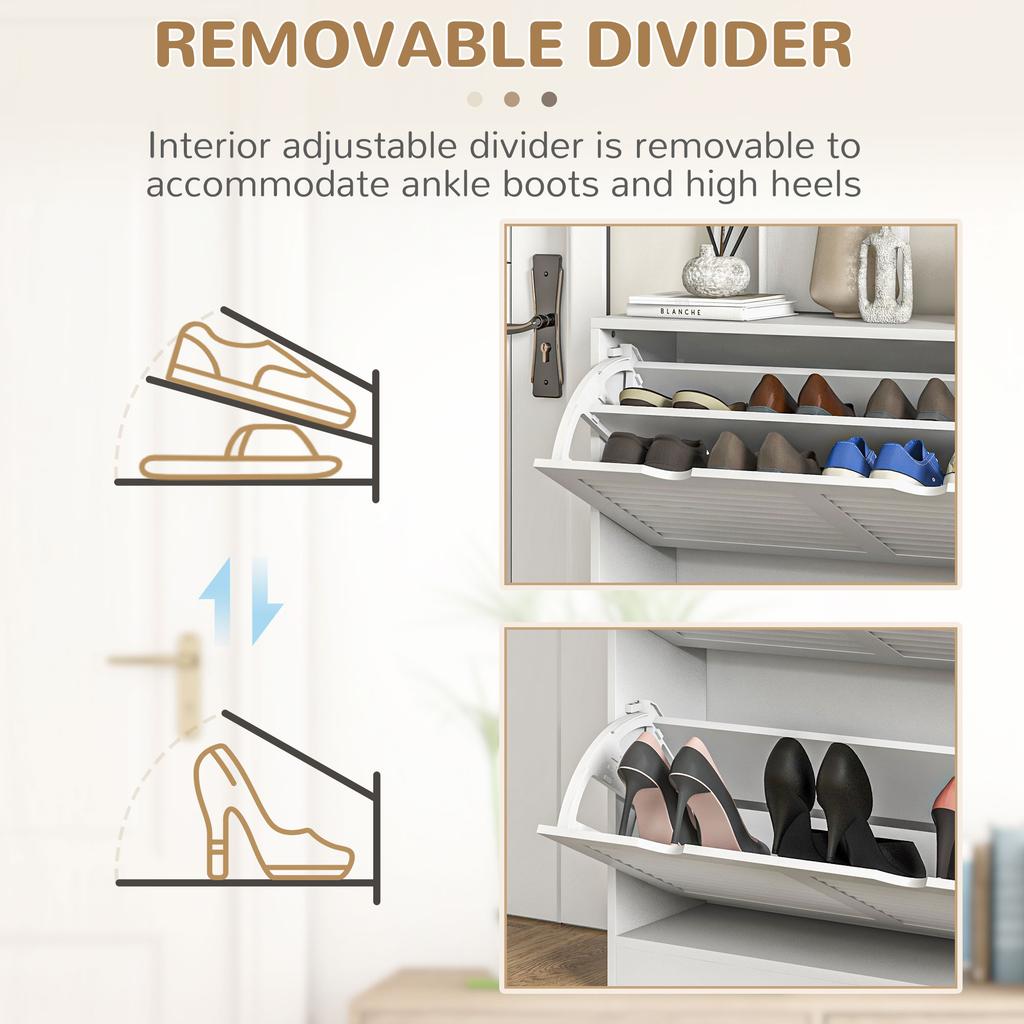 2 Drawers Entryway Shoe Cabinet, Narrow Shoe Storage Cabinet with 2 Flip Drawers, Louvred Door Design and Adjustable Shelves for 16 Pairs of Shoes