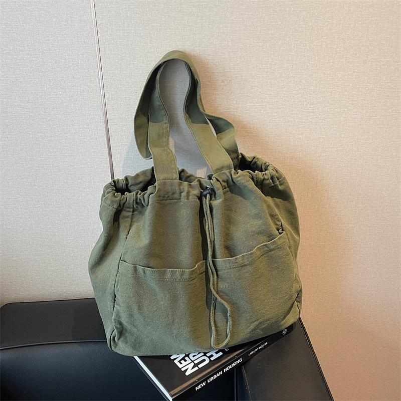 Simple Drawstring Bundle Handbag Casual Large Capacity Student Class Versatile Retro Solid Color Canvas Bag Women