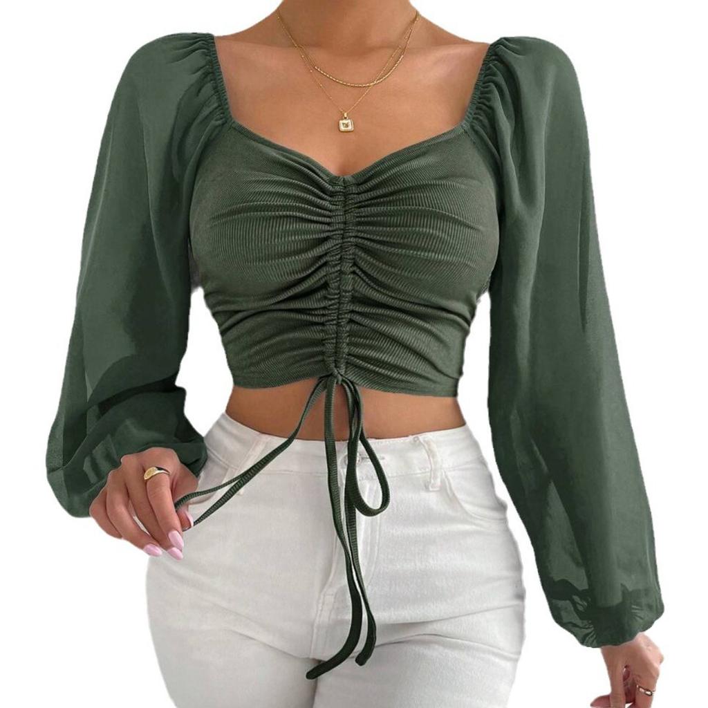 Women's Sweetheart Neck Drawstring Puff Sleeve Cropped Top, French Style Casual Blouse for Women, European American Fashion