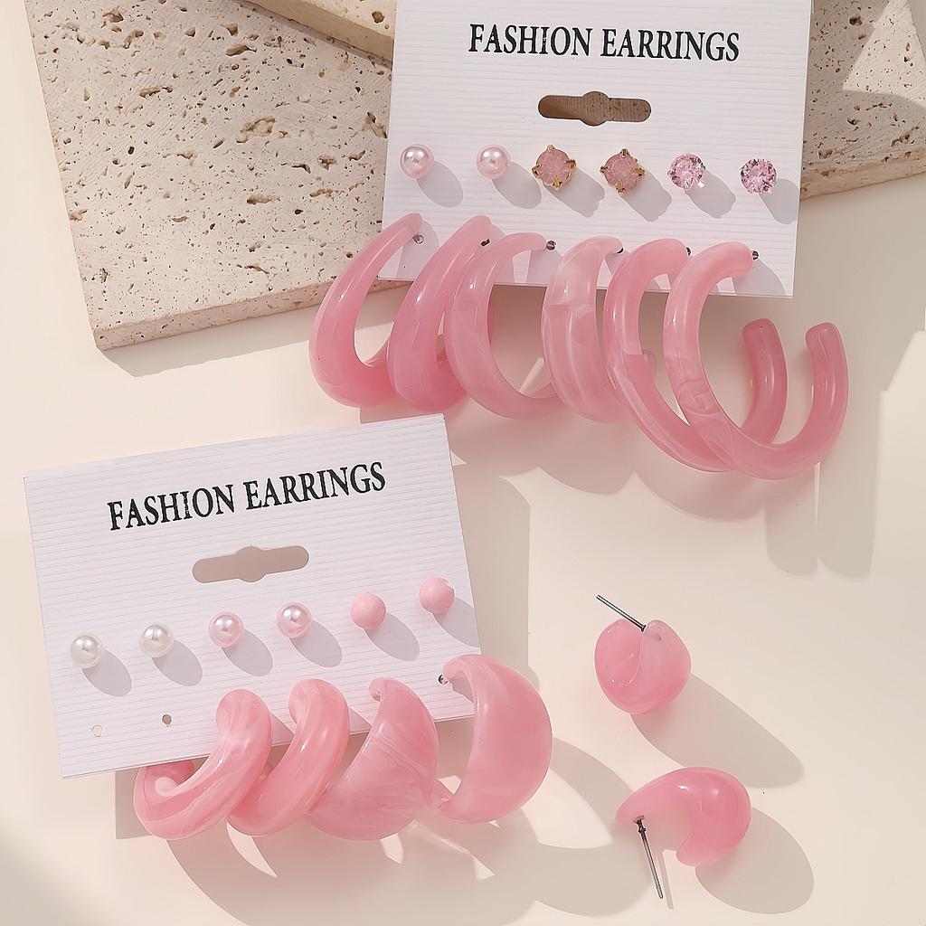 6 Pairs of Pink Suits, Fashion Pearl Love Earrings, Earrings, Card Packs, Resin Earrings for Women