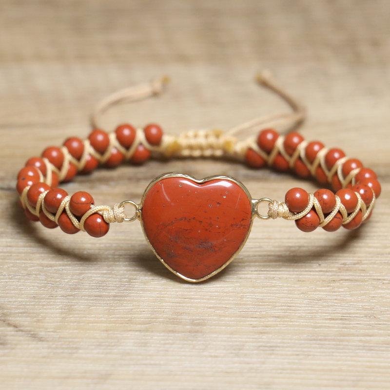 Purple Stripe Agate Heart & Amethyst Beaded Bracelet – Gold Accent Adjustable Boho Jewelry, Love Calm Gift for Women