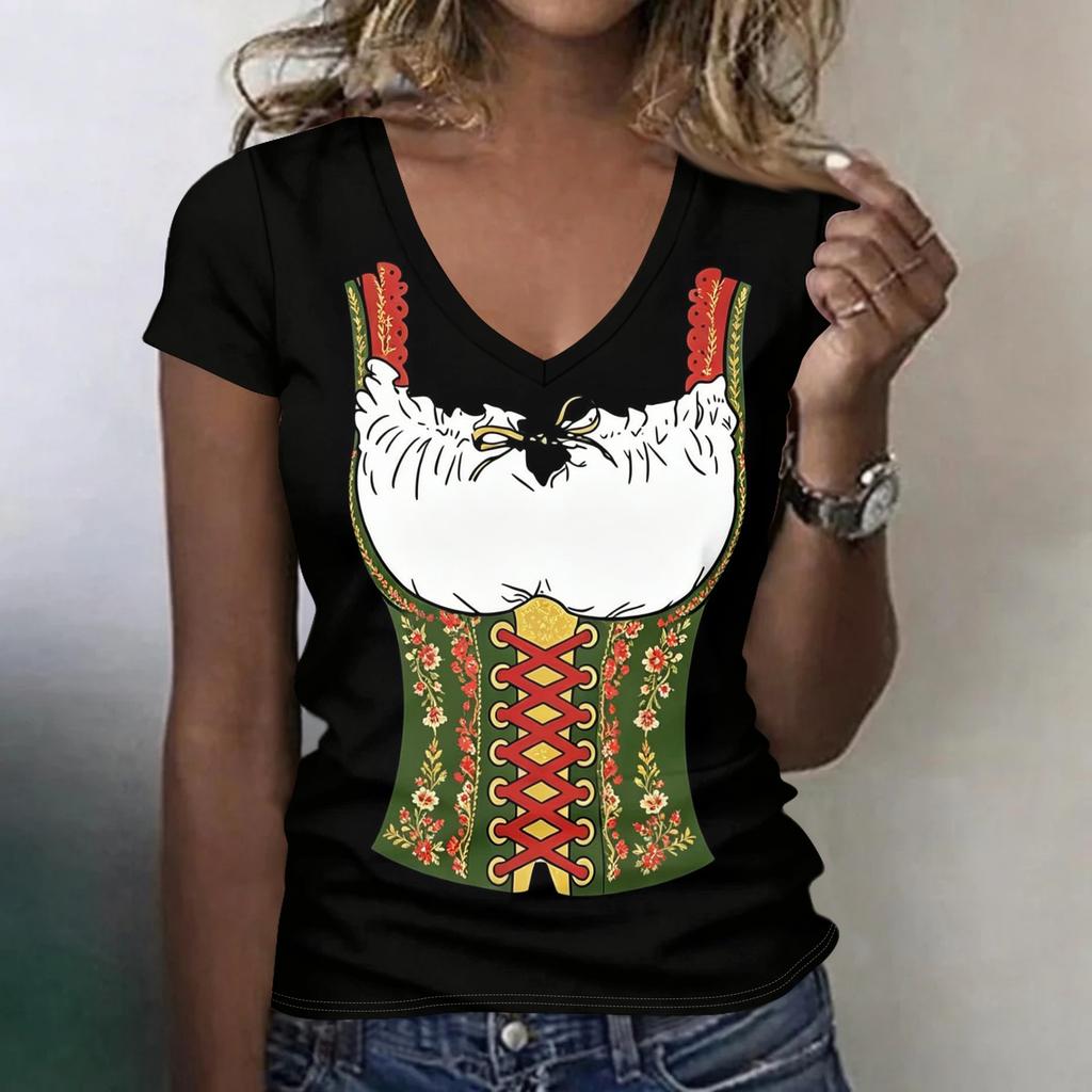 Women's Casual V Neck Short Sleeve T Shirt Oktoberfest Print Top Lightweight Soft Fabric Relaxed Fit Tee for Everyday Wear