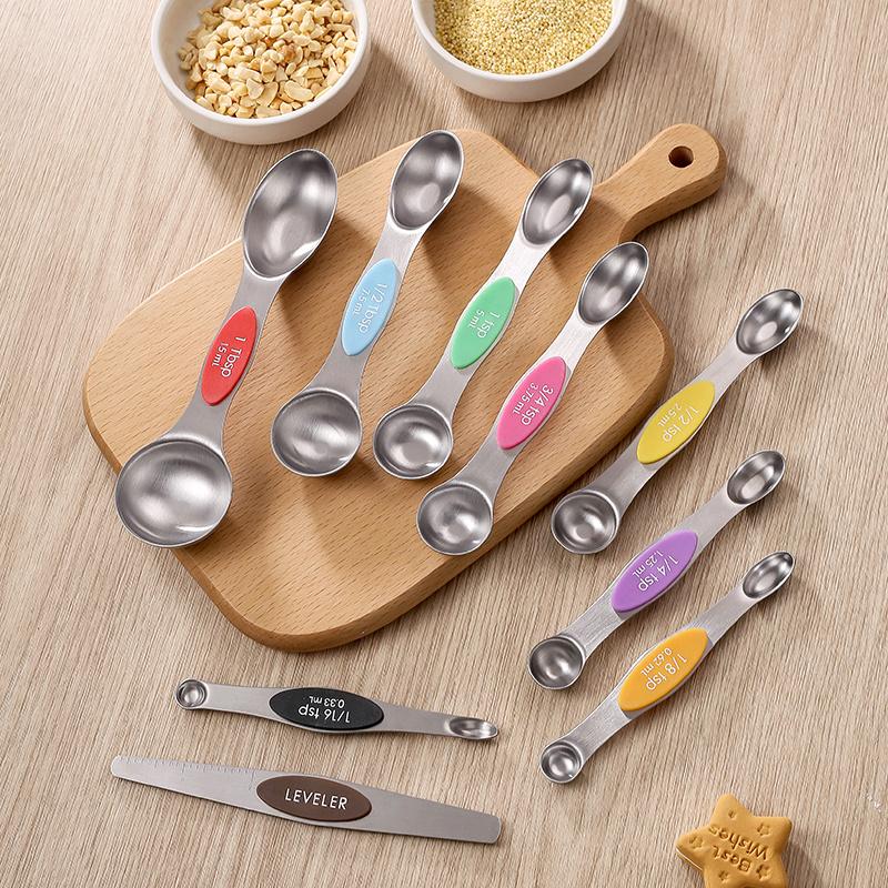 9pcs Stainless Steel Magnetic Measuring Spoons - Dual Sided for Liquid and Dry Ingredients - Fits In Spice Jars - Perfect for Measuring Accurately