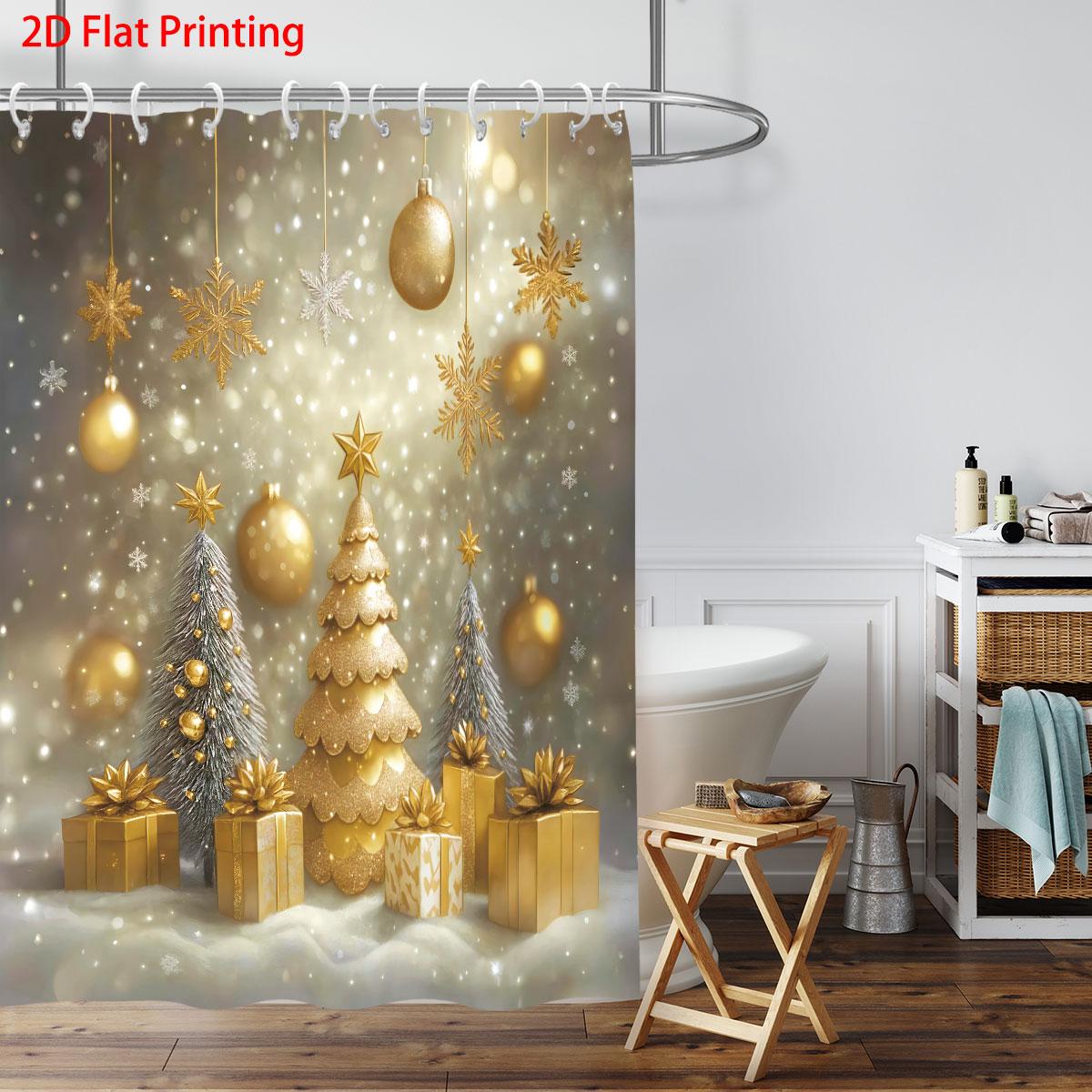

1 шт. Золотая водонепроницаемая шторка для душа с принтом рождественской елки, перегородка, приватная подвесная шторка, с 12 крючками для легкой установки 90x180cm