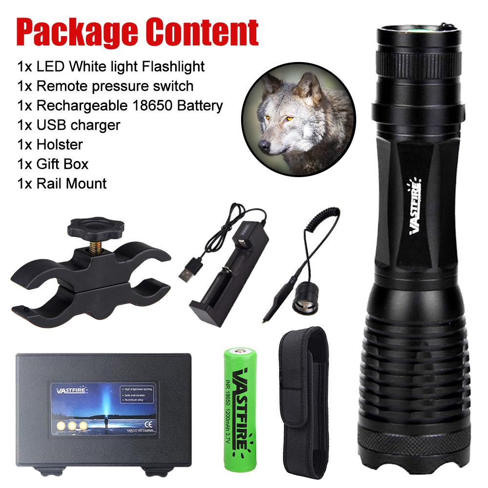 Hunting Flashlight Zoomable White/Red/Green Light Tactical Flashlight LED Light With 18650 Battery+Charger+Pressure switch