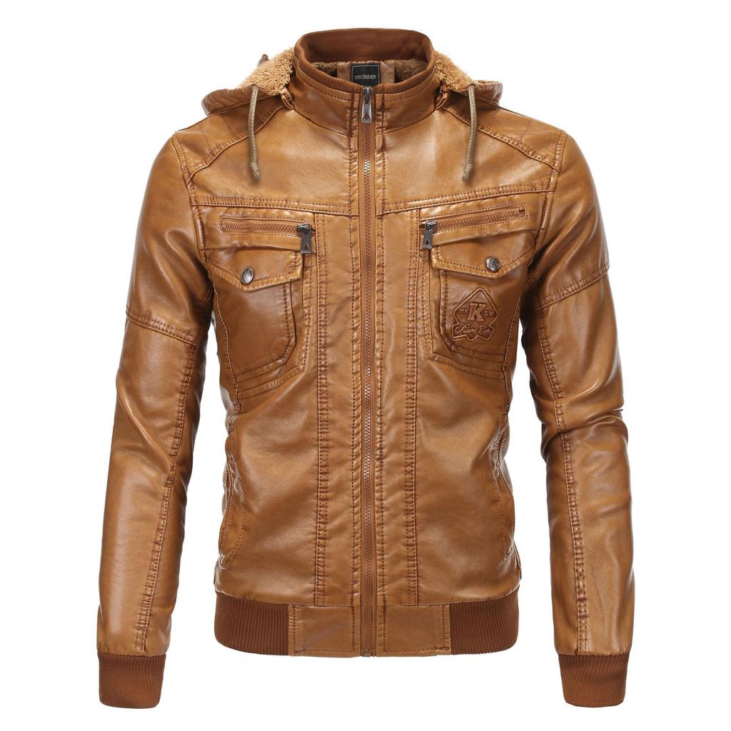 Autumn Winter Men Solid Color Warm Jacket Casual PU Hooded Coat Plus Size S-3XL