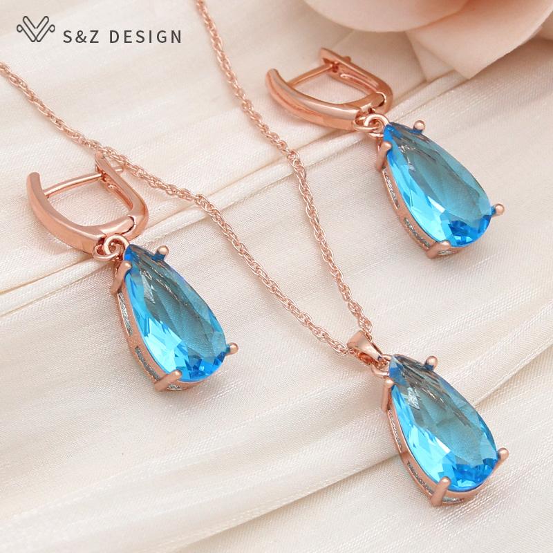 Fashion Water Drop Cubic Zirconia Dangle Earrings Jewelry Sets For Women Wedding Rose Gold Color Necklace