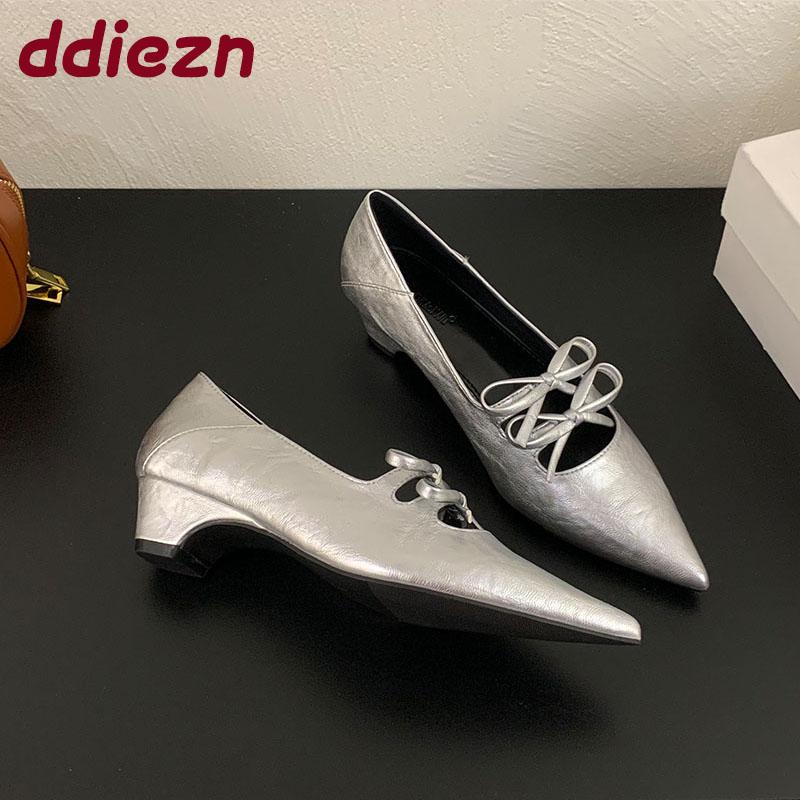 Fashion Footwear Pointed Toe Women Heel Pumps Shoes 2025 New  Luxury Female Shallow Fashion Butterfly-Knot Ladies Low Heel Slip On Shoes