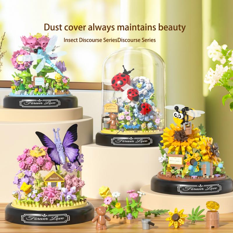 Insect Flower Building Blocks Set Bee Butterfly Plant Potted Model Bricks Set with Dust Cover DIY Toys for Kids Christmas Gifts