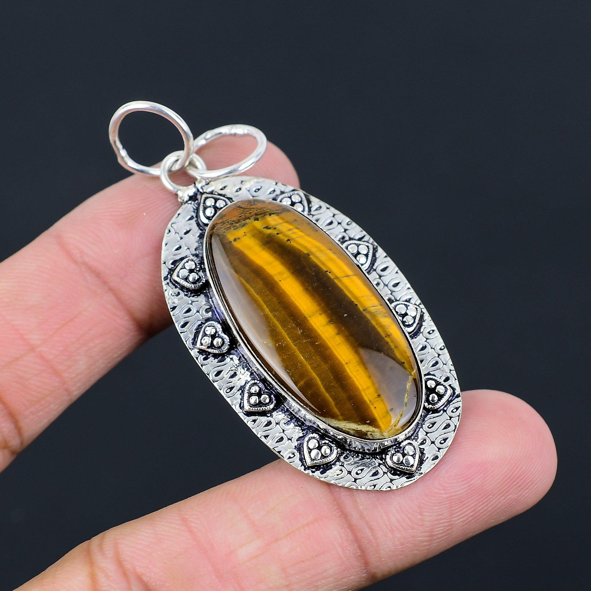 

Sisters Day Sale Oval Natural Tiger Eye 925 Silver Daughter Bezel Unique Pendant