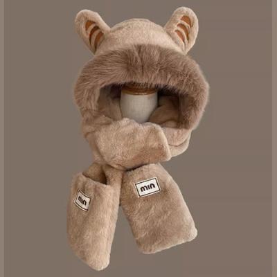 Cute Little Tiger Ears Plush Hat New Women's Winter Cycling Cold and Warm Hat Scarf Integrated Hat