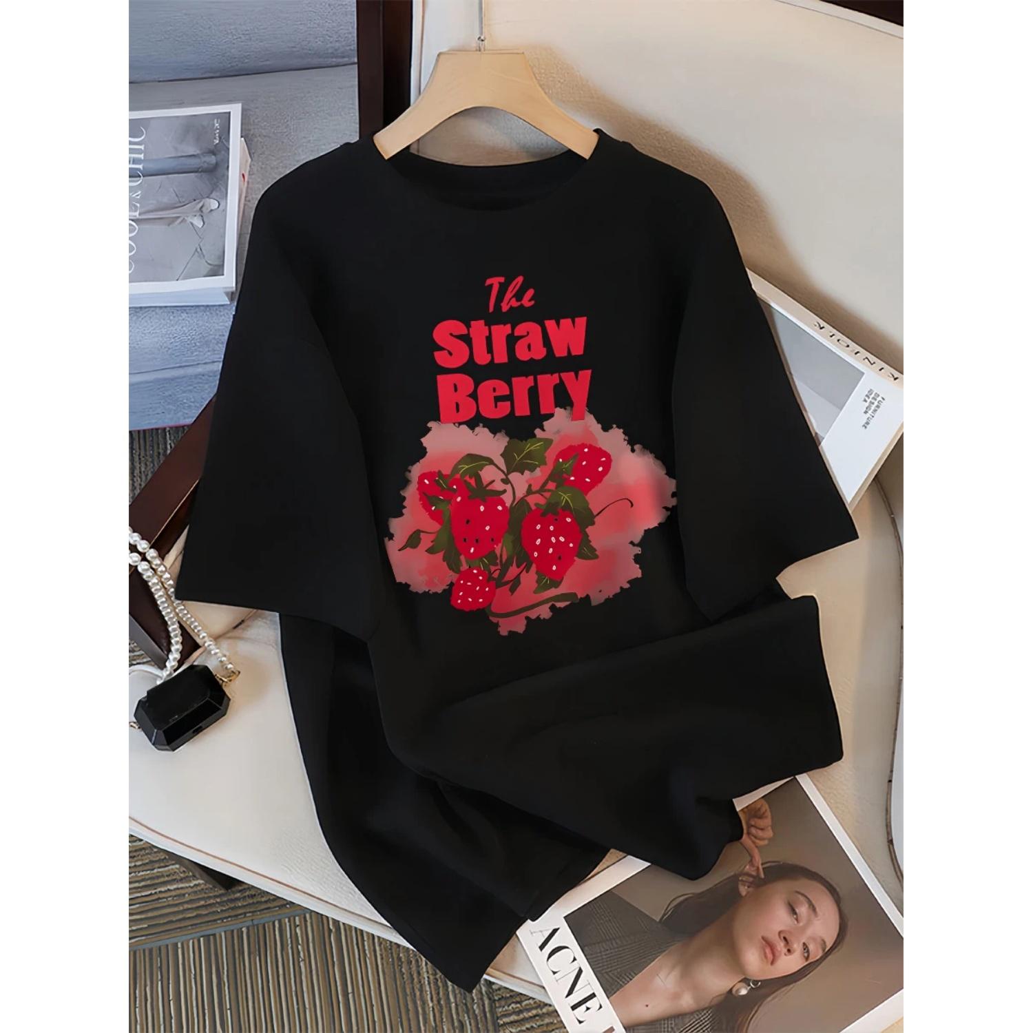

Summer Graffiti Strawberry Prints Female T Shirts Hip Hop All-Match T-Shirt Cotton Street Clothes Casual Oversize Short Sleeve S чёрный