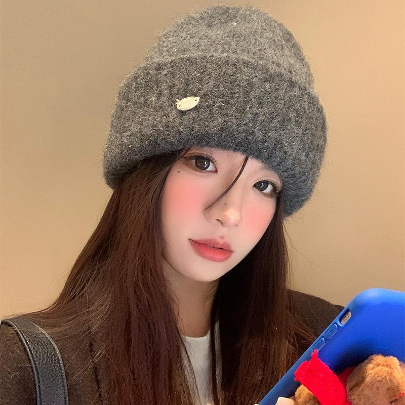 Korean version gray knitted wool hat women's season versatile face small hat big head circumference ear protection cold hat