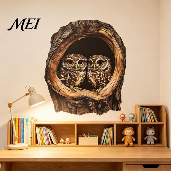 3D Owl Wall Decals Tree Hollow Sticker, Realistic Forest Animal Decal, Waterproof PVC Outdoor Weatherproof Murals Art Decor, Peel And Stick for Living