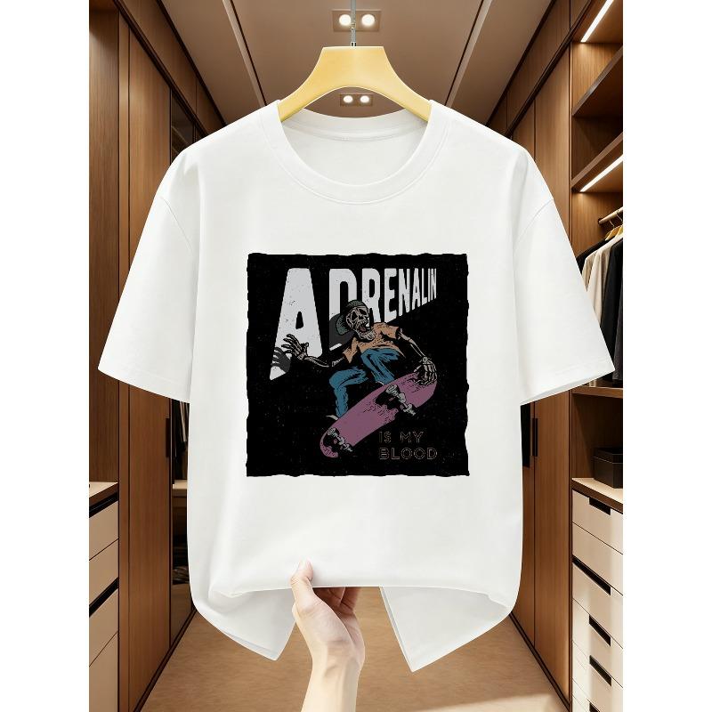 Men s Cotton T-Shirt with Adrenaline-Themed Skull & Skateboarder Print - Casual Round Neck Short Sleeve Tee Suitable for Spring Summer 2XL белый