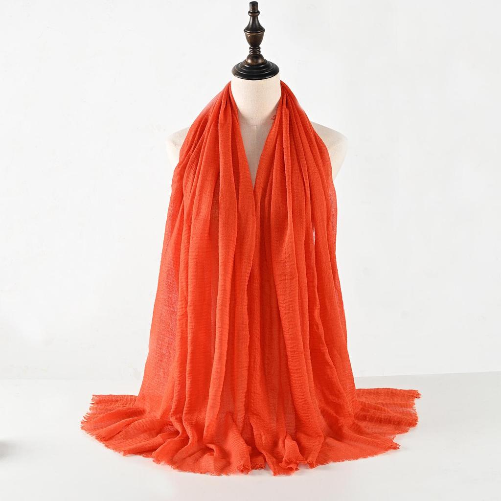 Crinkled Cotton-Linen Blend Scarf with Fringe - Solid Color, 90x180cm, Women's Headscarf