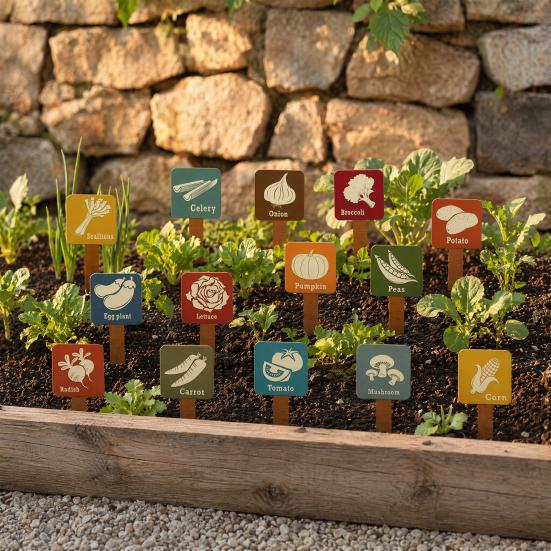 15Pcs Wooden Plant Labels, Vintage Waterproof Garden Markers for Vegetables Herbs, Solid Wood Stakes with Pointed Tip & English Names, Outdoor/Indoor