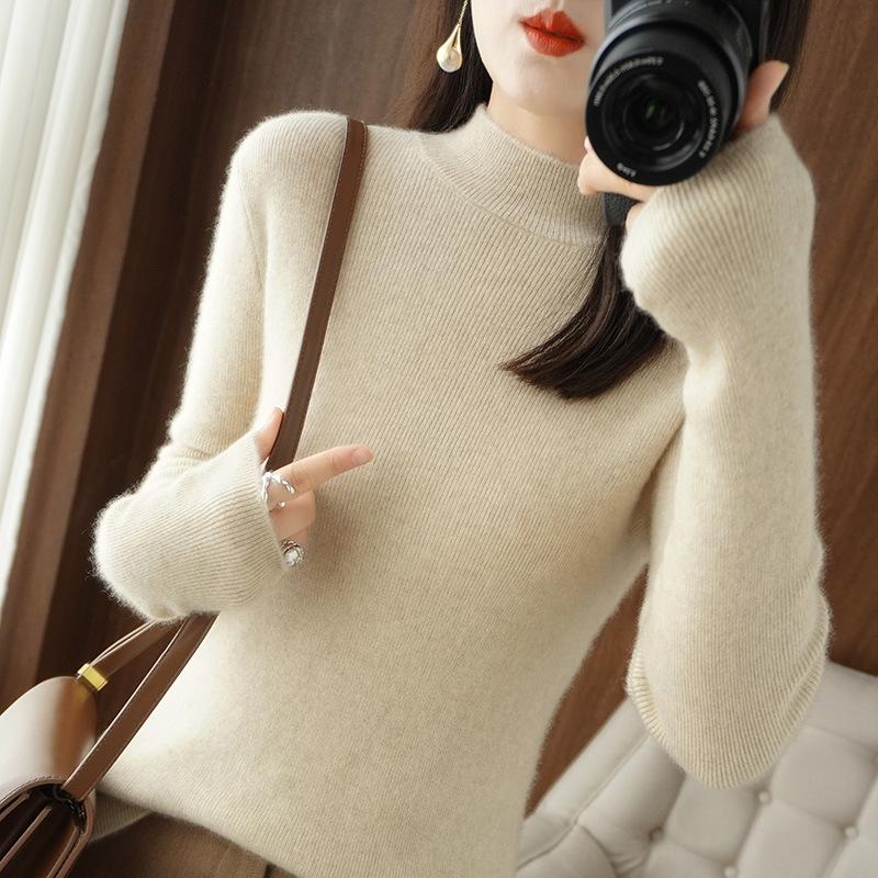 YYFS Women's Fashion Casual Fall Winter Solid Color Print Long Sleeve Half Turtleneck Slim Tops Women's Clothing Woolen Knitwear Sweaters