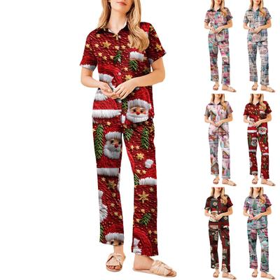 Women's Christmas Print Pajama Set Women's Short Sleeve Long Pants Two-piece Set Button-up Home Clothes