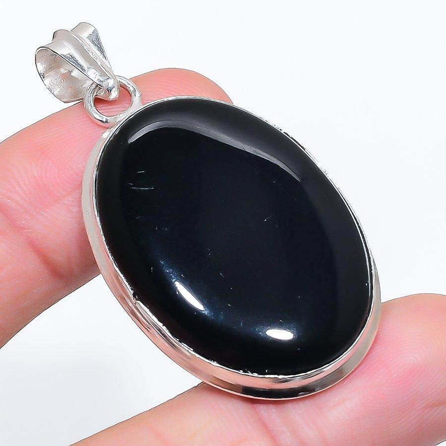 Natural Black Onyx Gemstone 925 Sterling Silver Jewelry Pendant 2.09" t1Z33