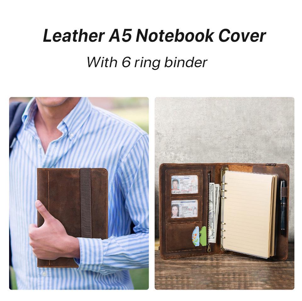 A5 Crazy Horse Leather 6-Hole Binder Notebook Cover for Study & Office, Multifunctional Genuine Leather Journal Cover