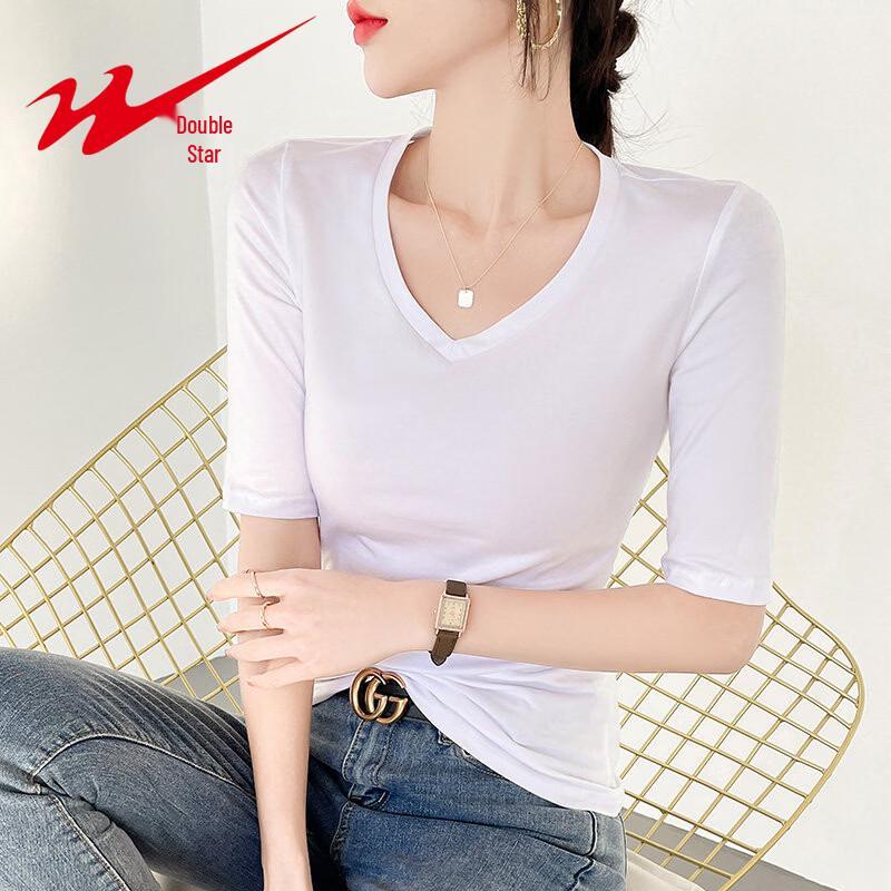 Women's V-Neck Slim Fit Mid-Sleeve T-Shirt