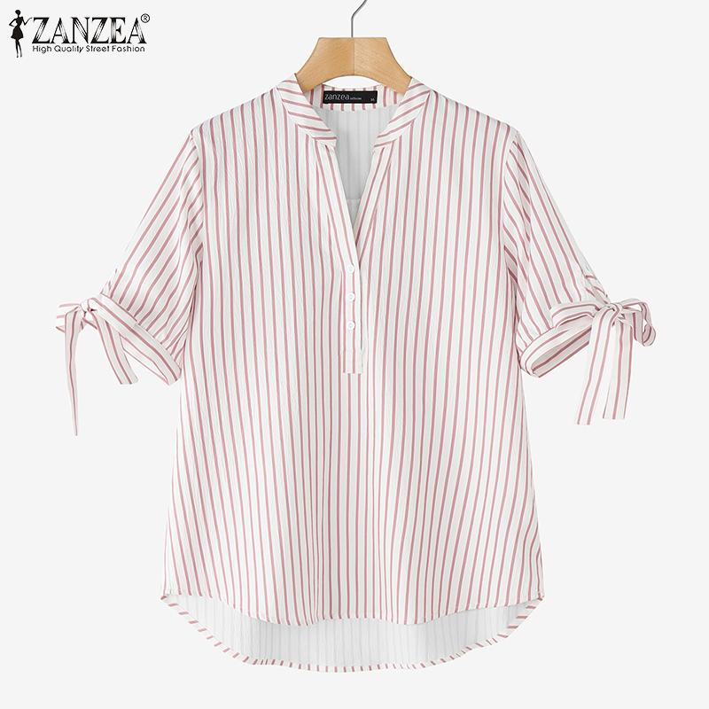 

ZANZEA Women Summer V-Neck Short Sleeve Striped Shirts 3XL зелений