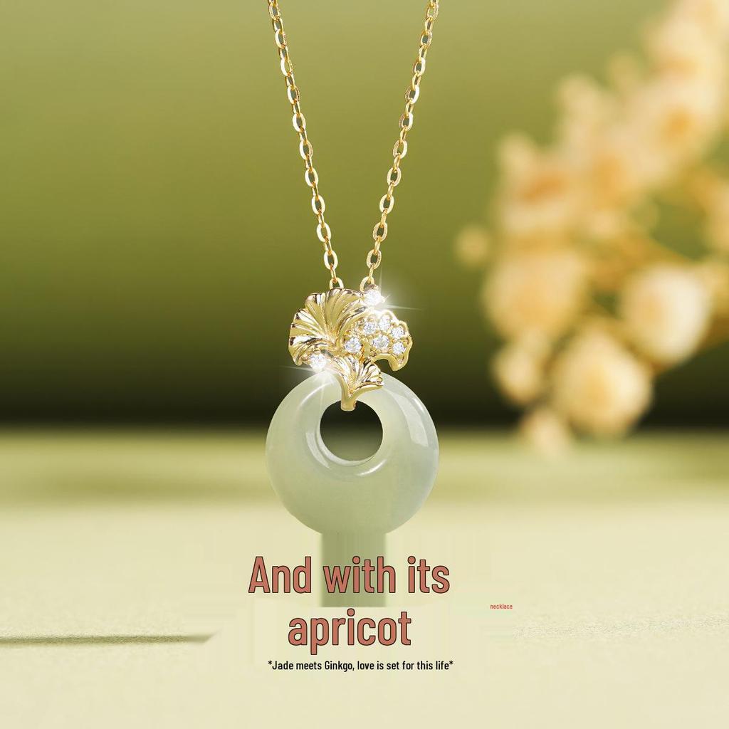 Teqia Women's S925 Sterling Silver Ginkgo Leaf Necklace with Hetian Jade Pendant