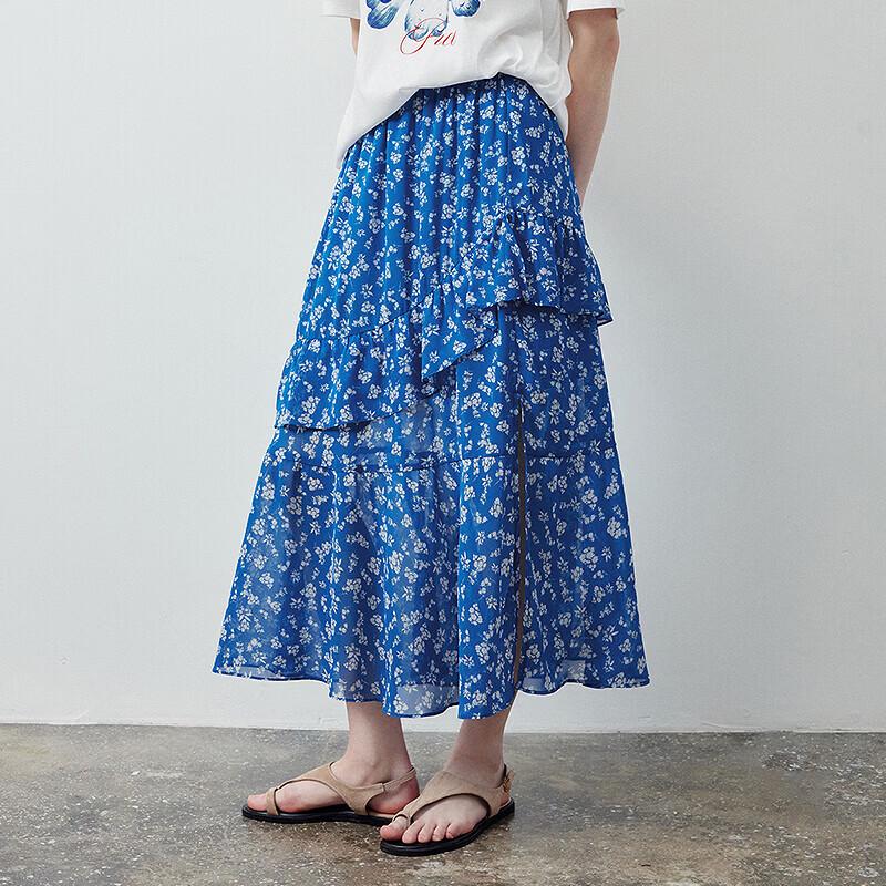 French Retro Irregular Ruffle Hem Floral Long Skirt