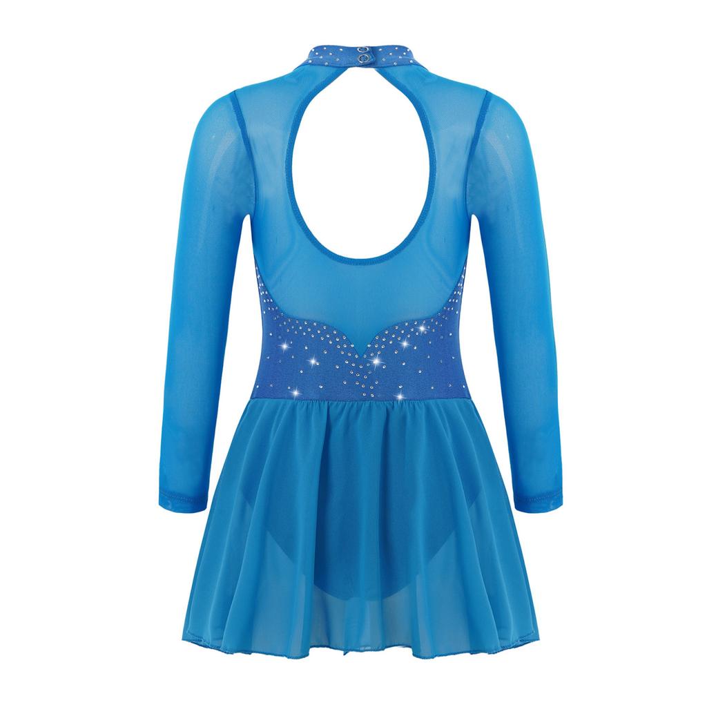Pailletten Figur Eislaufen Roller Skating Tanz Kostüm Frauen Tüll Gymnastic Trikot Lange Ärmel Mesh Splice Ballett Dancewear