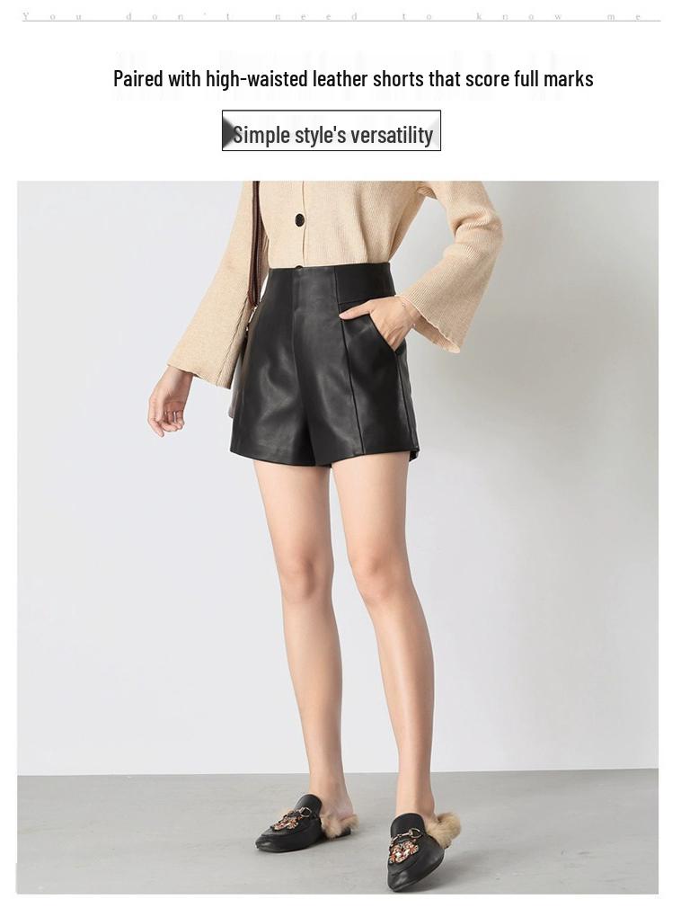 2023 Autumn Black High-Waist Leather Shorts for Women - Slimming, A-Line, Loose-Fit Wide Leg Design
