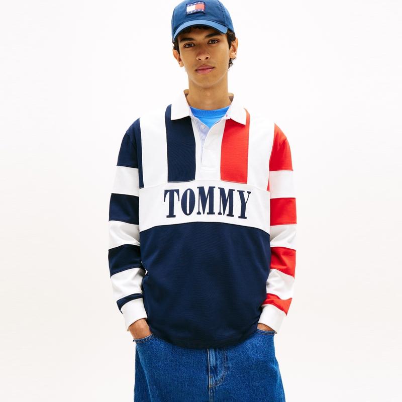 Tommy Hilfiger Cotton Trendy Color Block Vintage Striped Embroidered Loose Long Sleeve Polo Shirt Men Tops DM0DM23054-C1G
