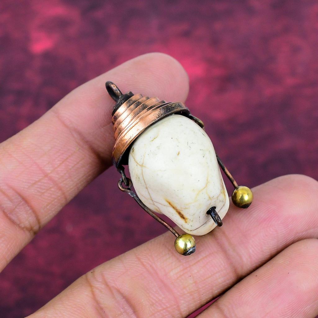 Howlite Pendant Titanium Bead Eyes & Skull Bone Face Pendant Copper Wire Wrapped Gemstone Jewelry