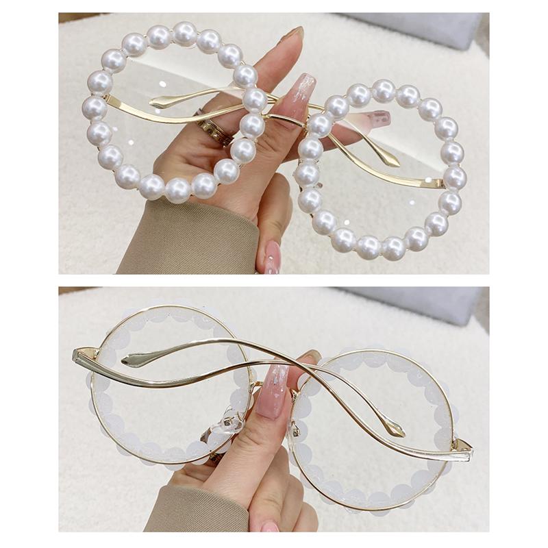 Non-polarized Round Frame Pearl Sunglasses Women Men Ins Fashion Metal Wave Leg Gradient Sun Glasses